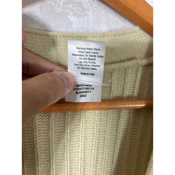Vintage Cardigan Sweater Medium Cream Cable Knit Ribbed V Neck Patch Pockets - Picture 7 of 11